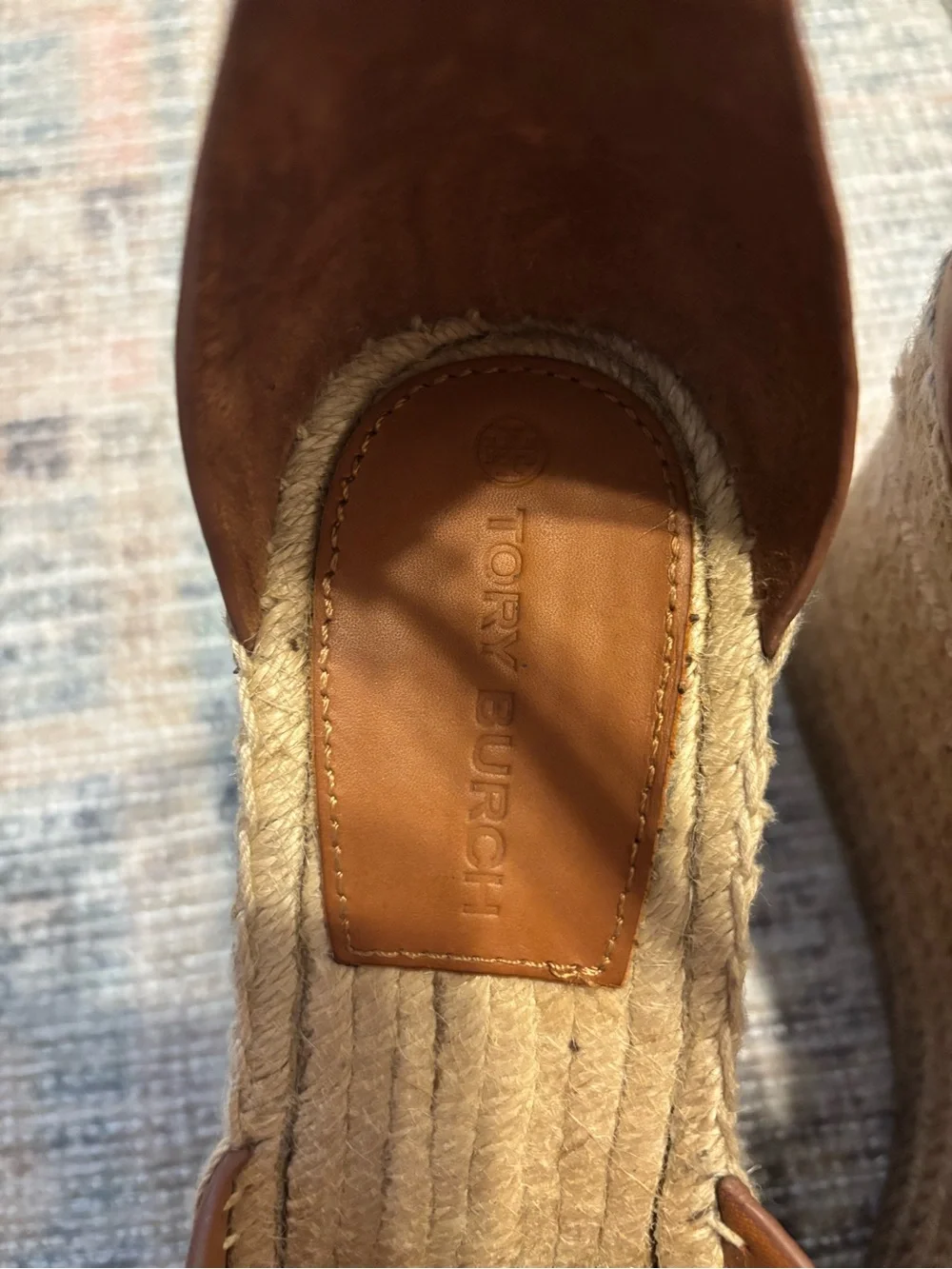 Tory Burch Cognac Leather Espadrille Wedge Sandals